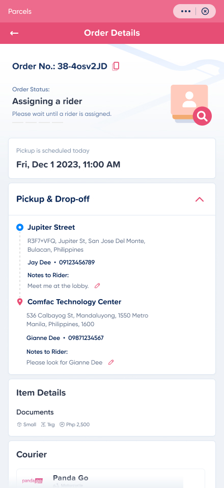 Order details — pickup now, book any courier